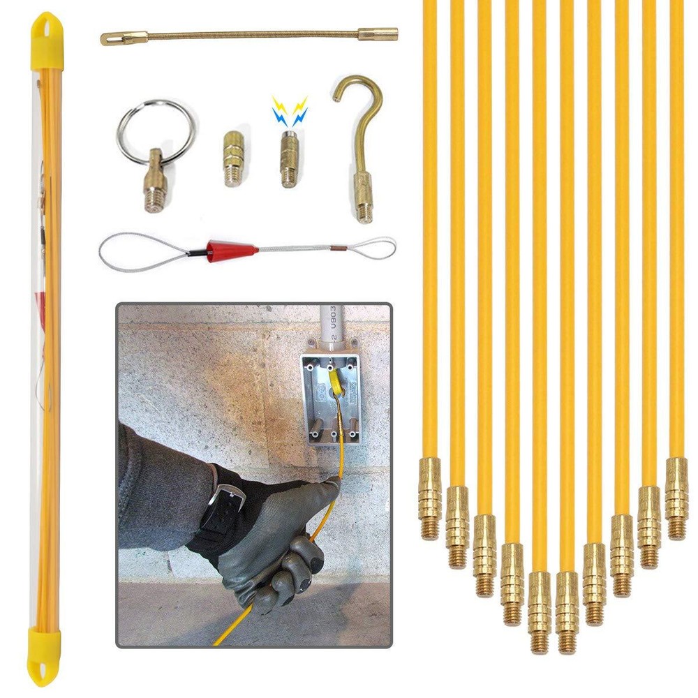 33FT Fiberglass Running Electrical Wire Cable Glow Rods Wire Pulling Tools Fi...