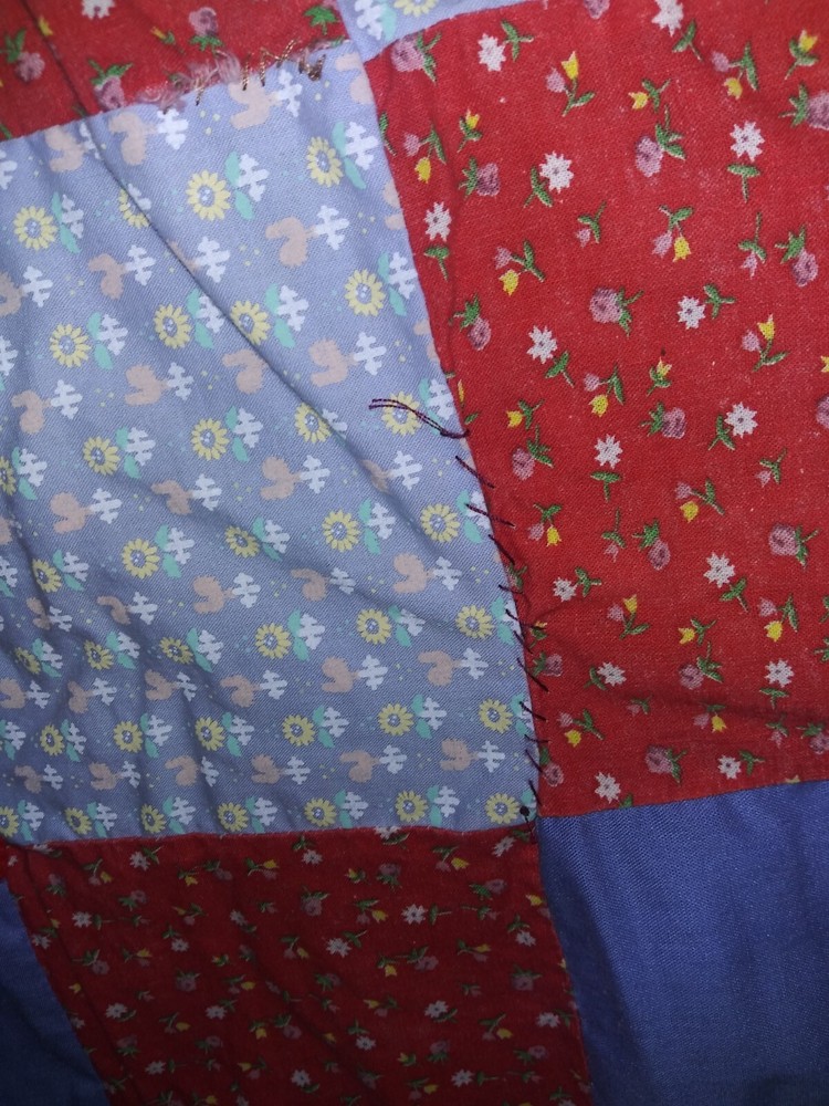 Handmade Tied Light Patchwork Quilt Floral & Solid Squares 74" X 52"
