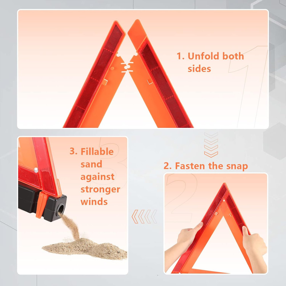 3 Pack Reflective Roadside Warning Triangles with Carrying Case - DOT Approved