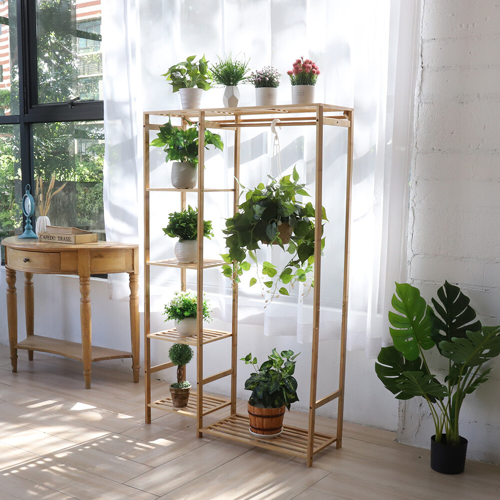 6 Tier Bamboo Garment Rack Storage Shelves Clothes Hanging Wardrobe Closet Stand