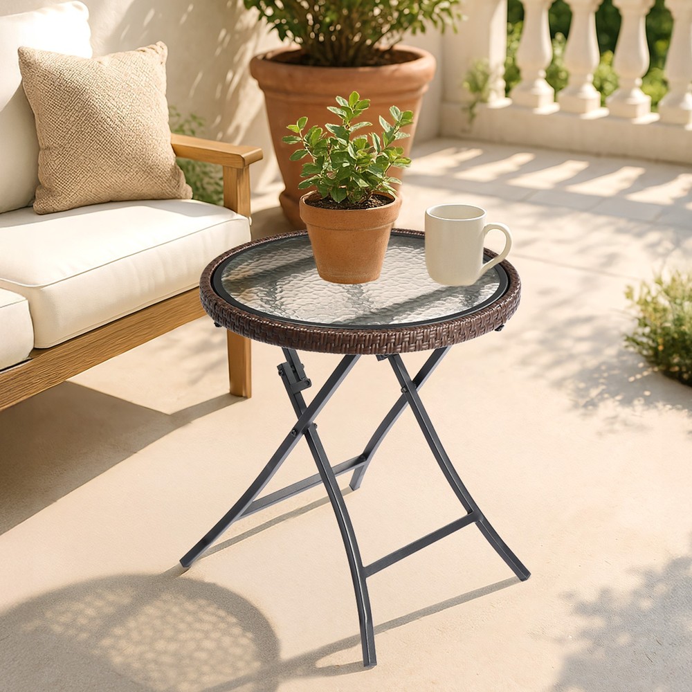 Outdoor Side Table, Round Rattan Patio Side Table, Small Foldable Wicker Table