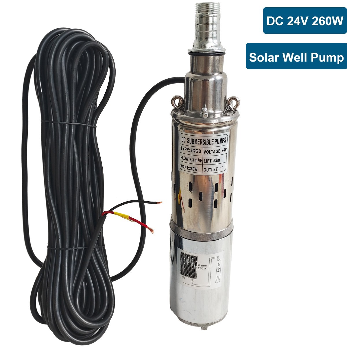 DC 24V 3'' Solar Deep Well Pump Water Pump 607GPH Stainless Steel Submersible