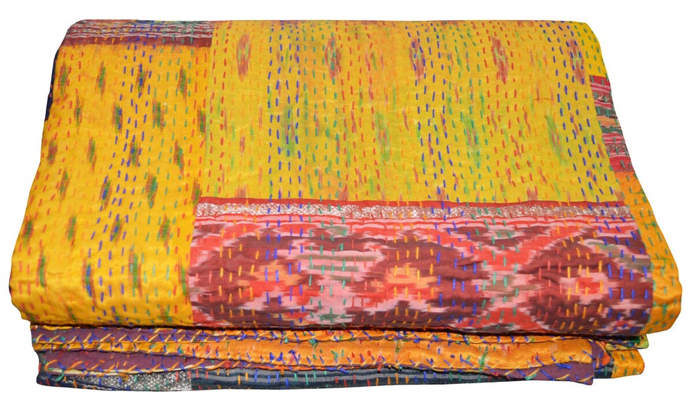 Indian Kantha Twin Quilt Handmade Patchwork Reversible Bedspread Blanket Throw