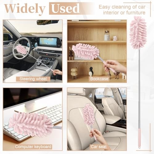 2 PCS Car Interior Duster with Extension Pole, Microfiber Car Duster with Pink