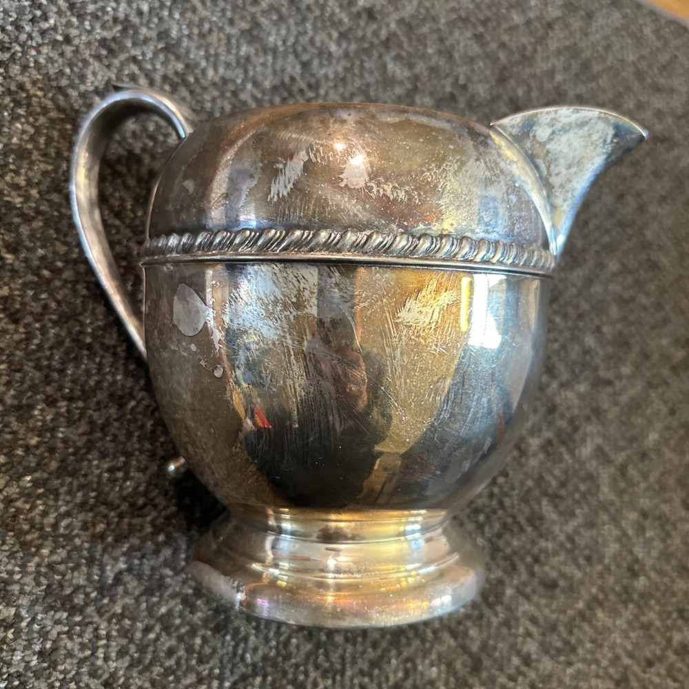 Vtg Sheridan Silver Silver On Copper Tin Water Pitcher 6.5" w/Rope design