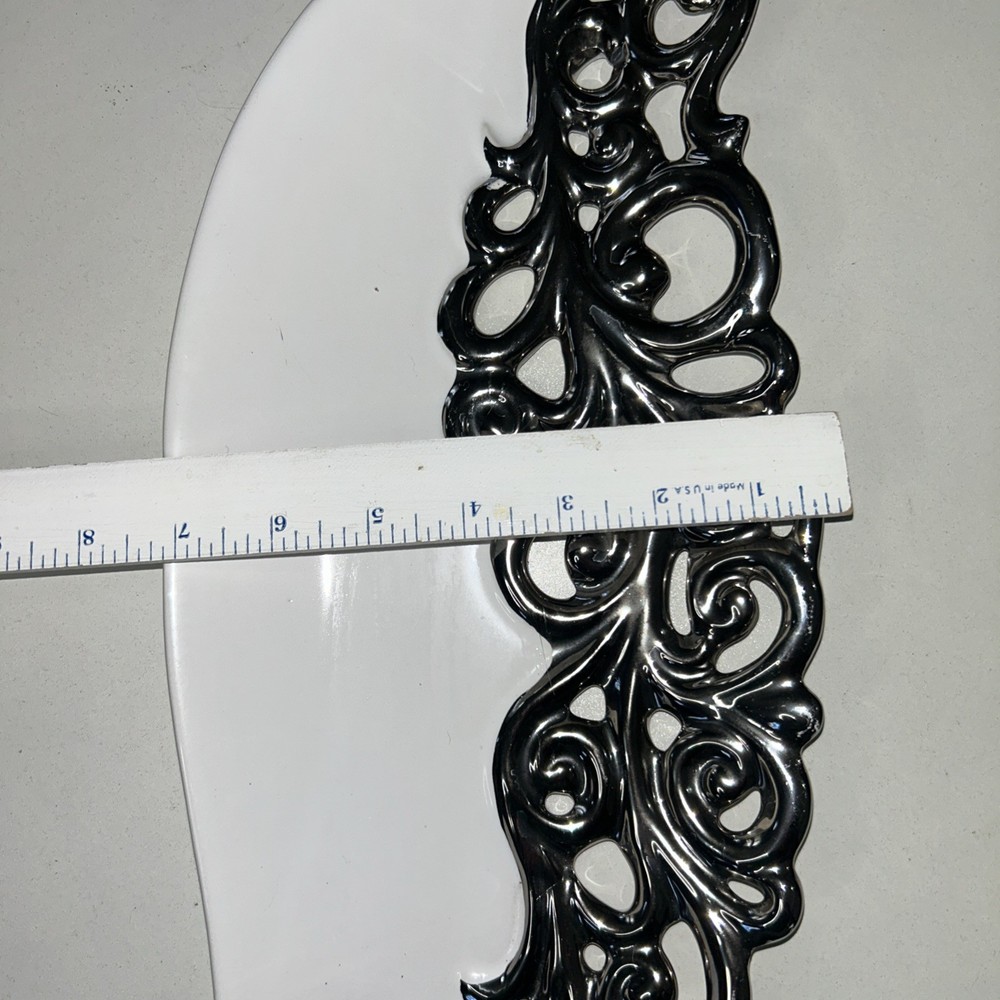 222 Fifth Heritage Leaf-Shaped Serving Platter – White with Metallic Scrollwork