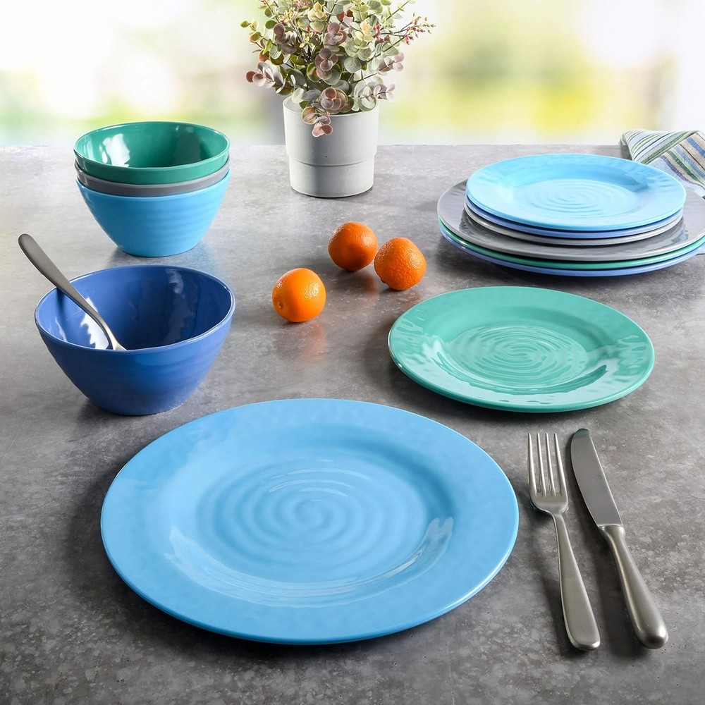 Brist Melamine Plastic Dinnerware Set Service Four 12pcs Blue