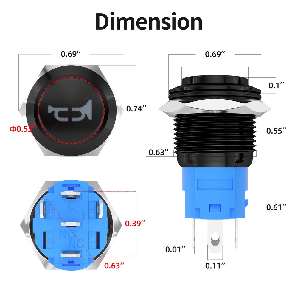 Horn Button 12V Marine Horn Button 16MM Momentary Push Button Switch Stainless S