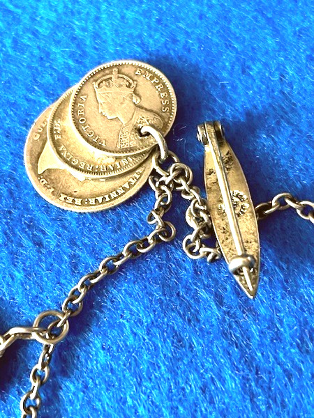 ANTIQUE STERLING ENGLISH COINS 1873 PUFFY HEARTS UNGER BROTHERS CHATELAINE PIN