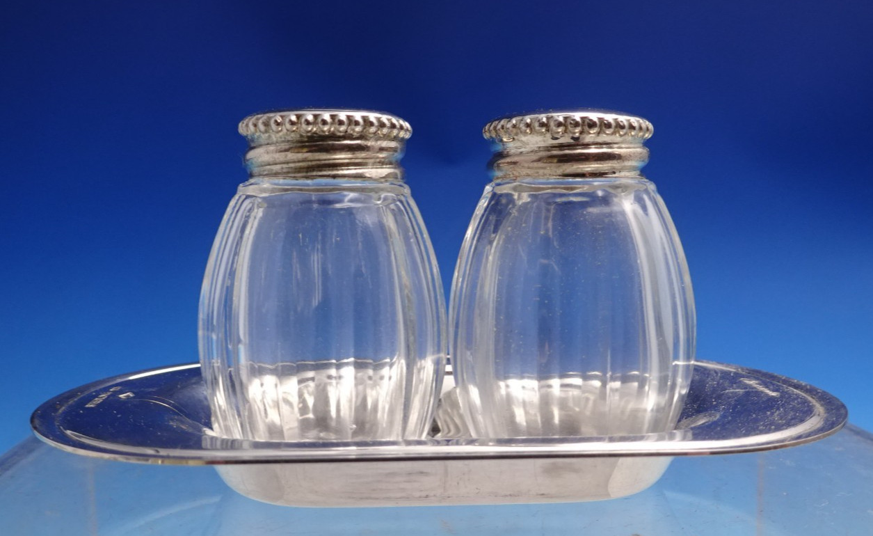 Perles by Christofle Sterling Silver Glass Salt Pepper Shaker Set w/Tray (#8748)