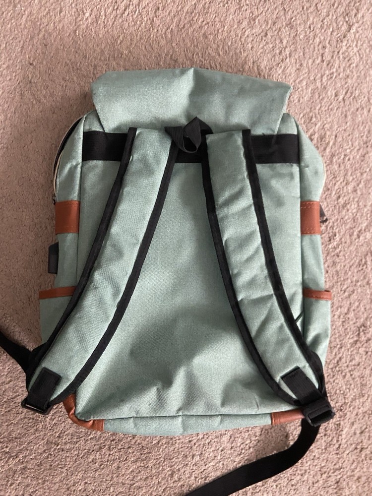 Hancio Backpack Green Canvas with Brown Trim, Buckle Closure