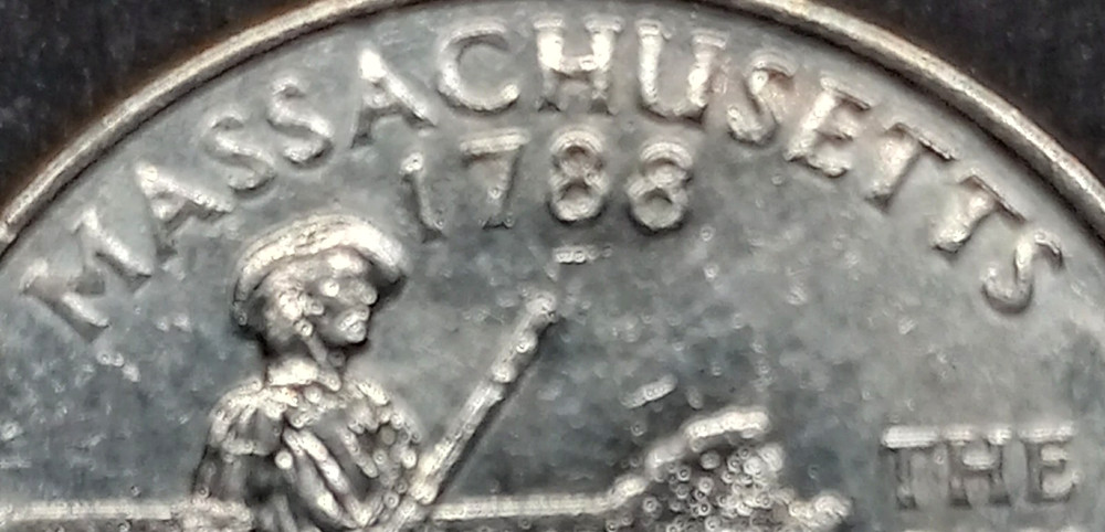 2000 D Massachusetts State Quarter with striking errors, Doubling on Letters.