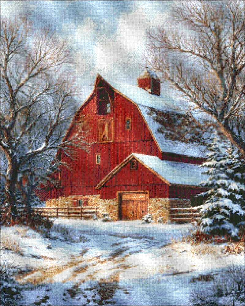Winter Red Barn - Chart Counted Cross Stitch Patterns Needlework DMC Color DIY