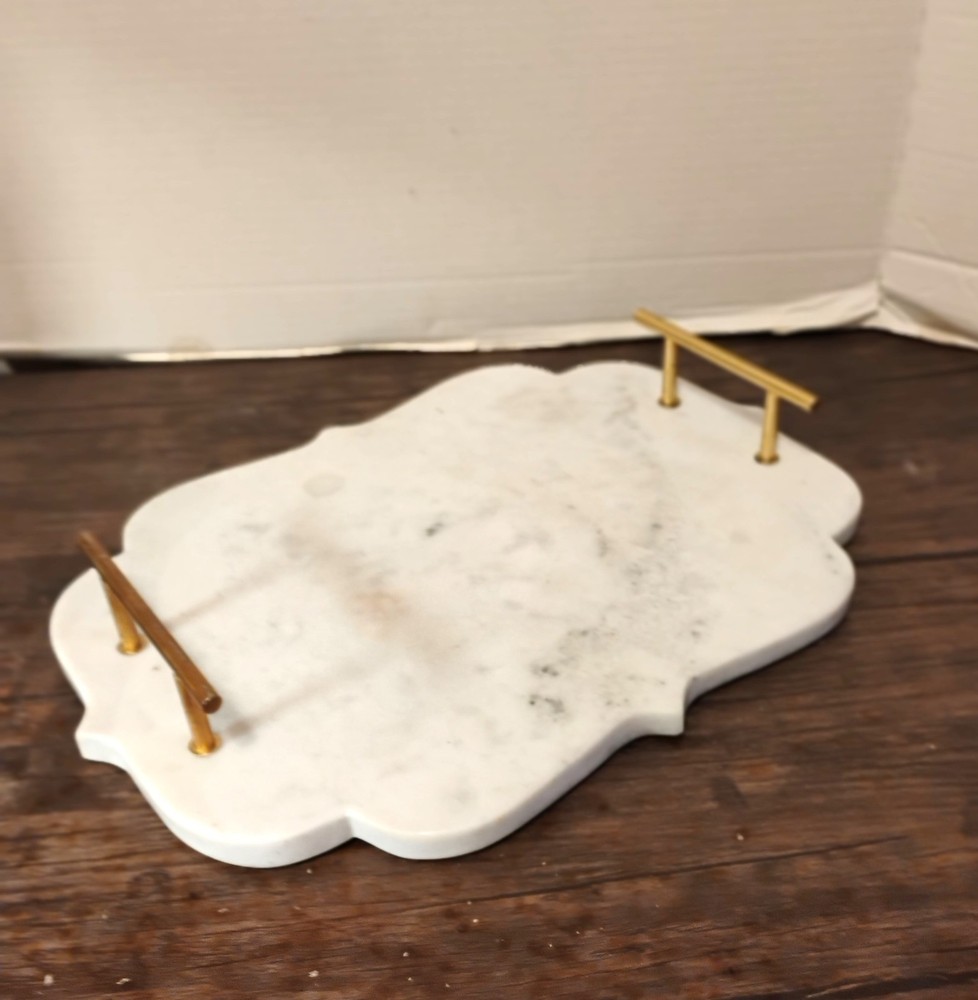 Solid White Marble Charcuterie Food Serving Board w/Solid Brass Carrying Handles
