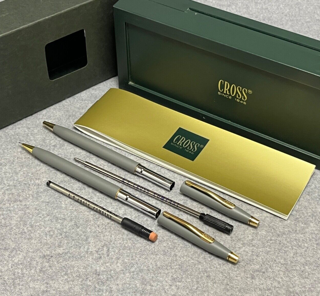 RARE Cross Matte Gray & 23K Gold Trim Pen & 0.5mm Pencil, Box, Manual
