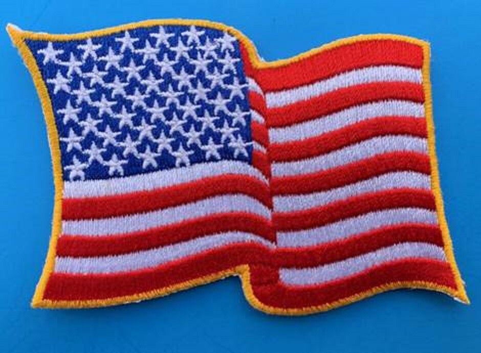 USA AMERICAN FLAG EMBROIDERED PATCH WAVING WAVY IRON-ON SEW-ON GOLD BORDER