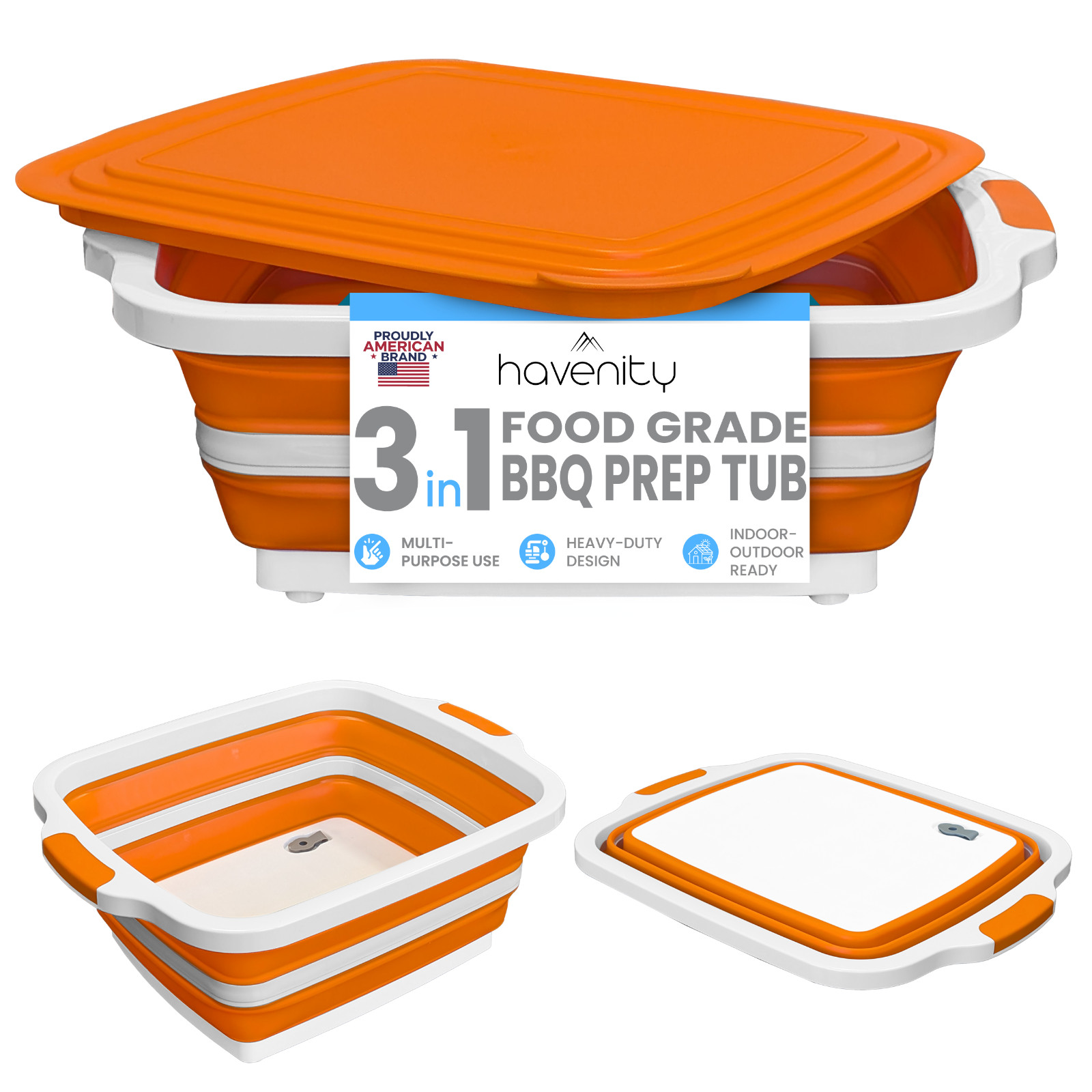 HAVENITY BBQ Prep Tub, 16L & 8L Multifunctional Camping Cutting Board with lid