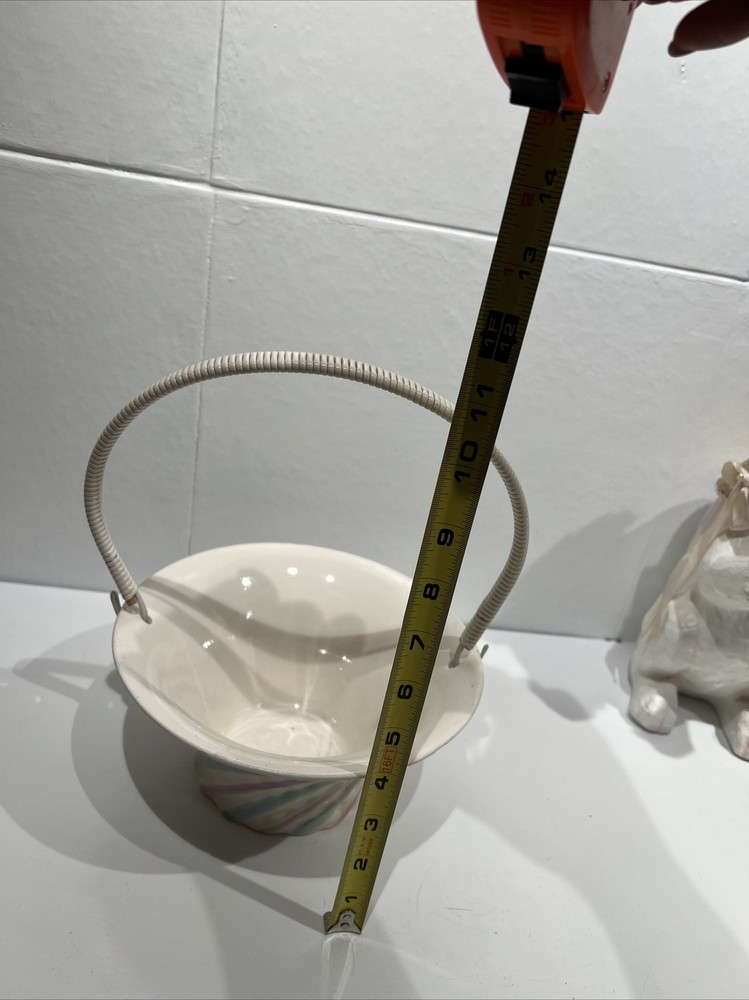Vintage Basket Planter White Ceramic Pastel Stripes & Handle Easter Spring