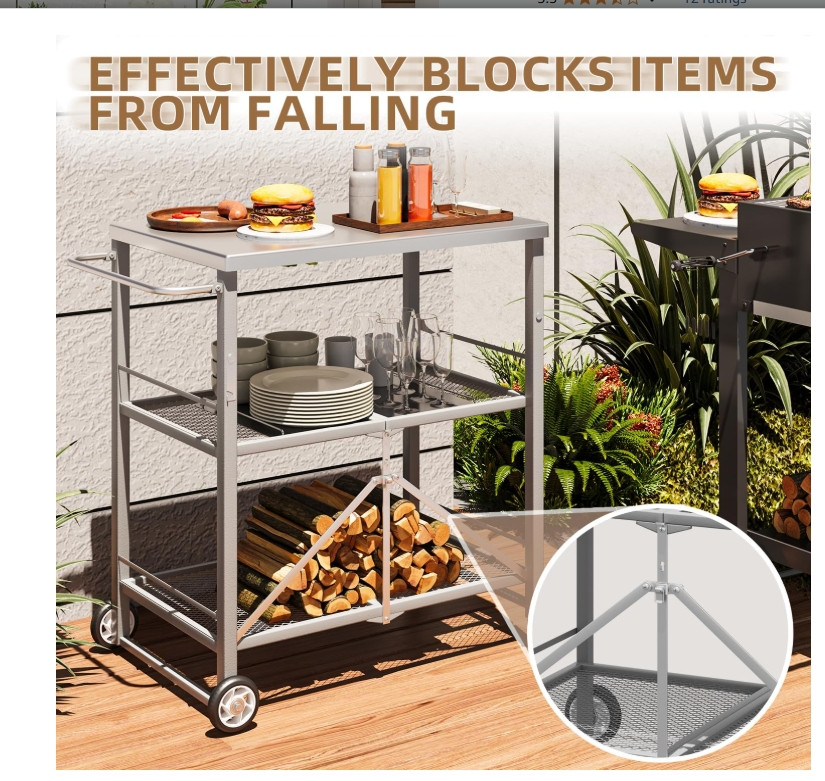 Outdoor Grill Cart Table Stainless Steel Pizza Oven Stand Trolley Table w/ Wheel