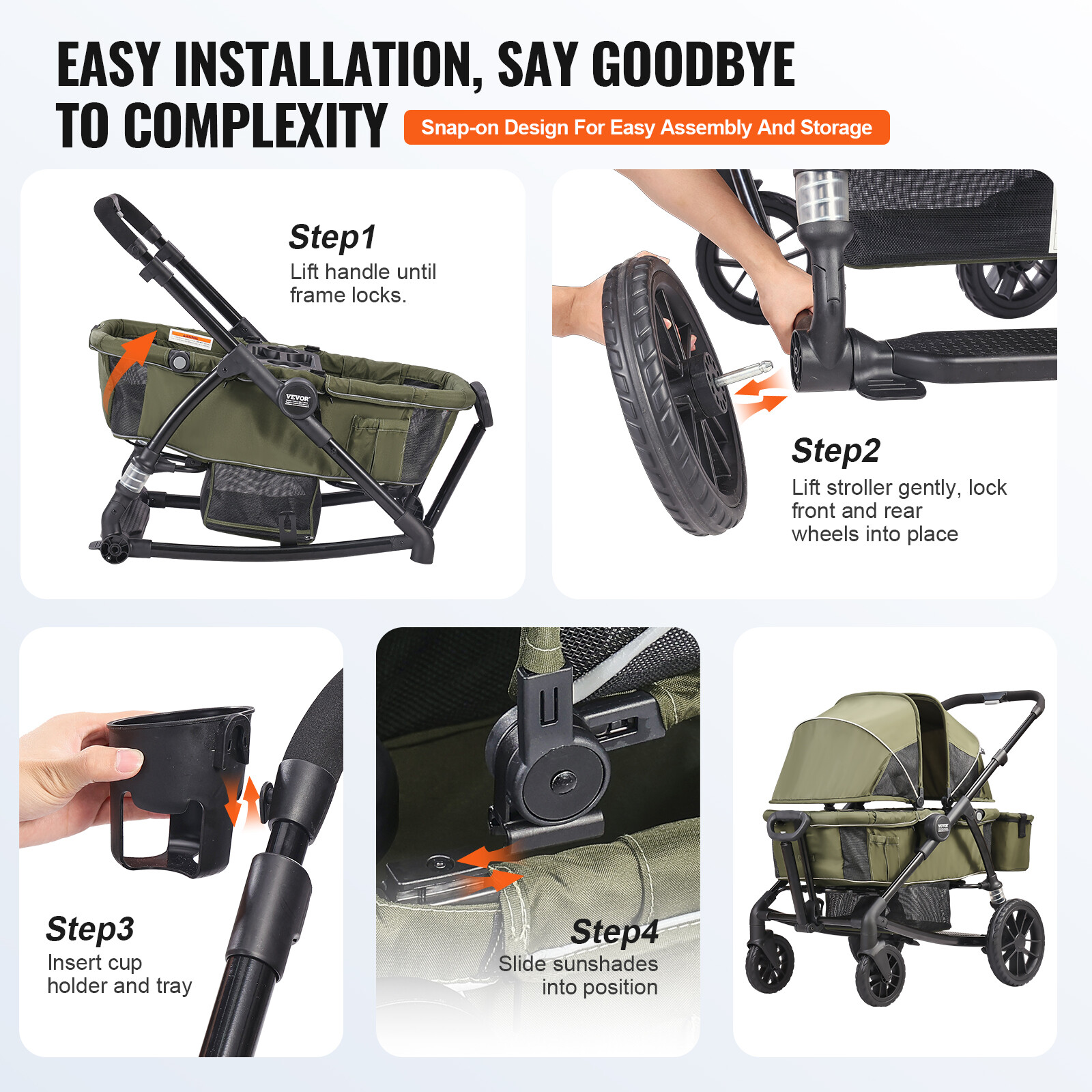 VEVOR All-Terrain Stroller Wagon 2 Seats Collapsible w/ Canopy Dark Olive Green