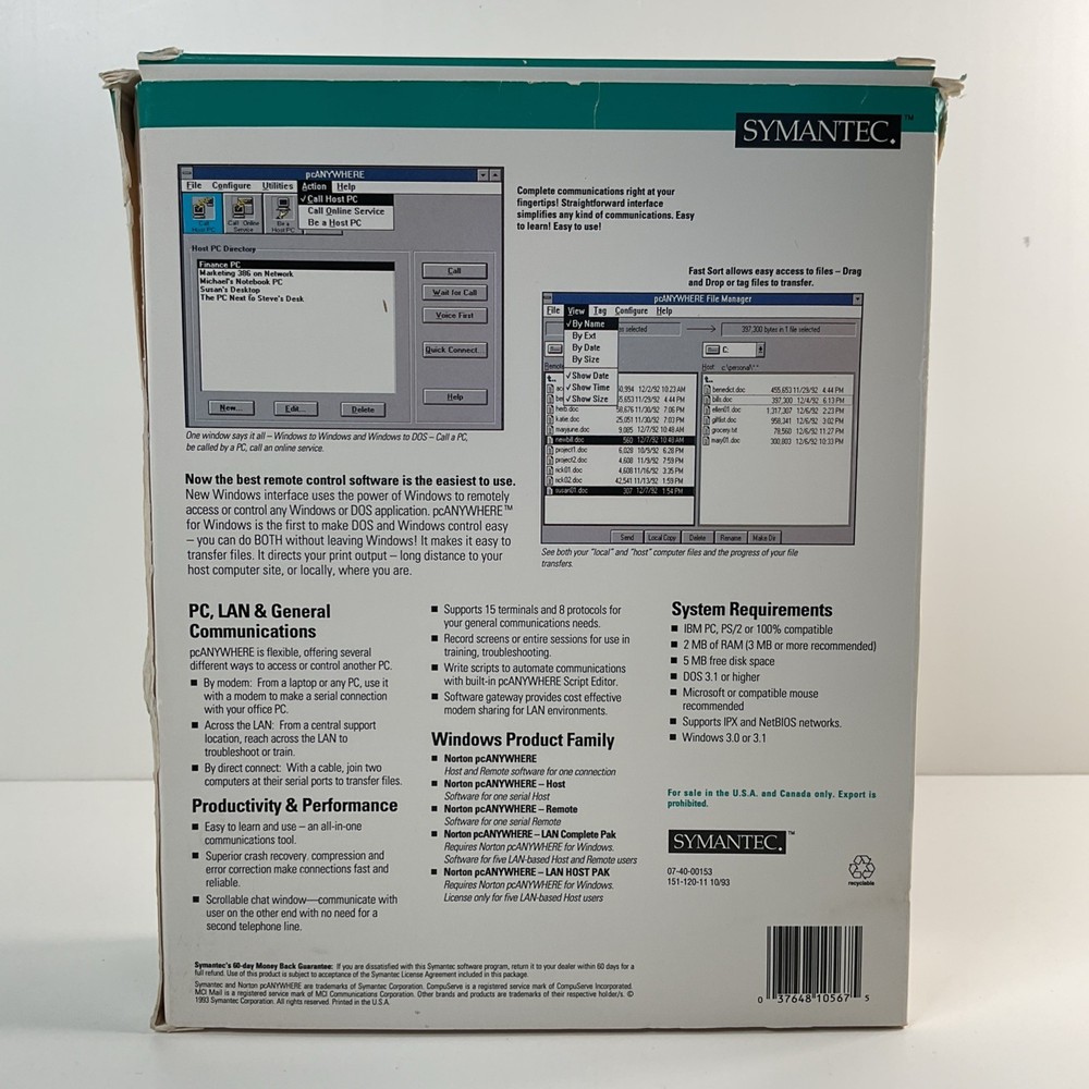 Symantec The Norton pcAnywhere Version 1.0 For Microsoft Windows