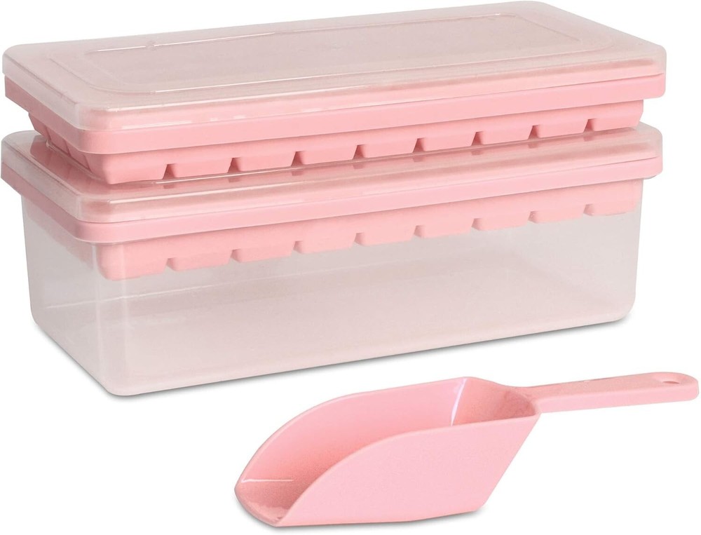 2 Pack Stackable Silicone Ice Cube Trays with Ice Bin & Scoop - Sanitary Storage