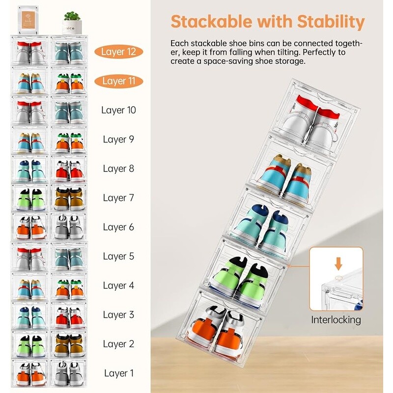 Clear Plastic Shoe Storage Box 8 Pack Stackable Organizer W/ Drop Front Design