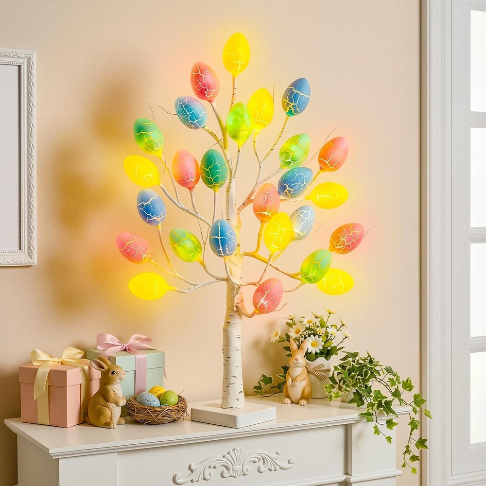 Easter Decorations - 2 FT Artificial Birch Tree with 24 Warm Led Light Colorful
