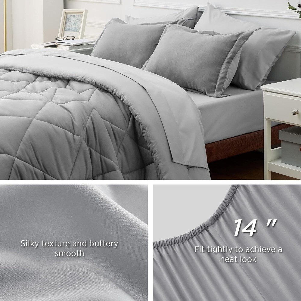 Elegant Grey Bedding Set - 7-Piece Reversible Comforter Set for Queen Size Beds