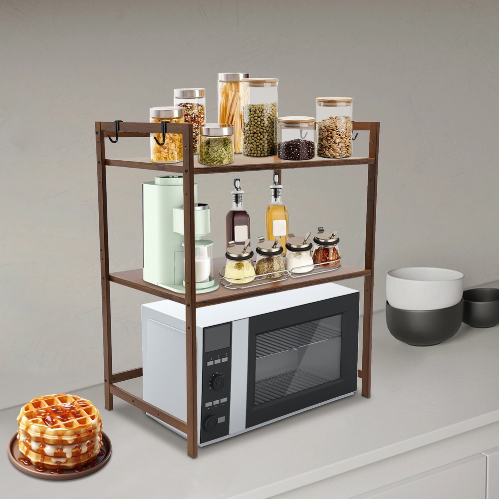 2 Tier 4 Hook Kitchen Storage Rack for Microwave Oven Stand Shelf Organizer