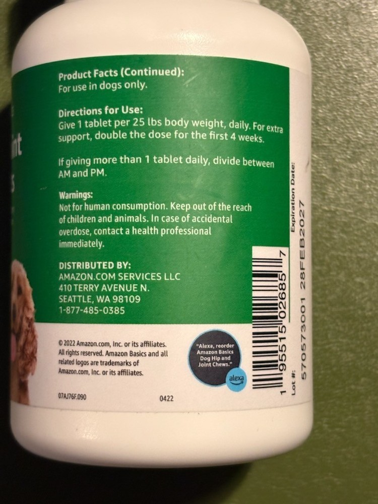 Amazon Basics Dog Hip & Joint Chewable Tablets 120ct Glucosamine & MSM Duck