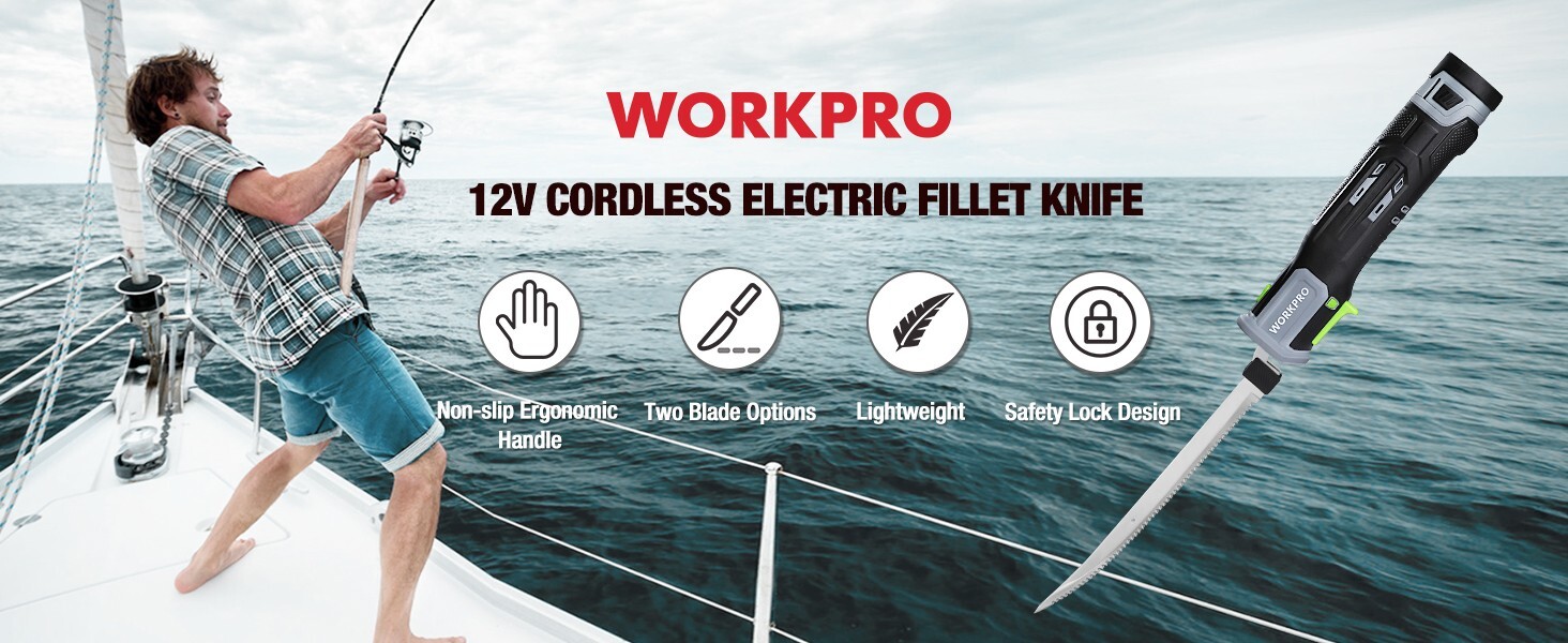 WORKPRO 12V Cordless Electric Fillet Knife with 8'' and 10'' Razor-Sharp Blades