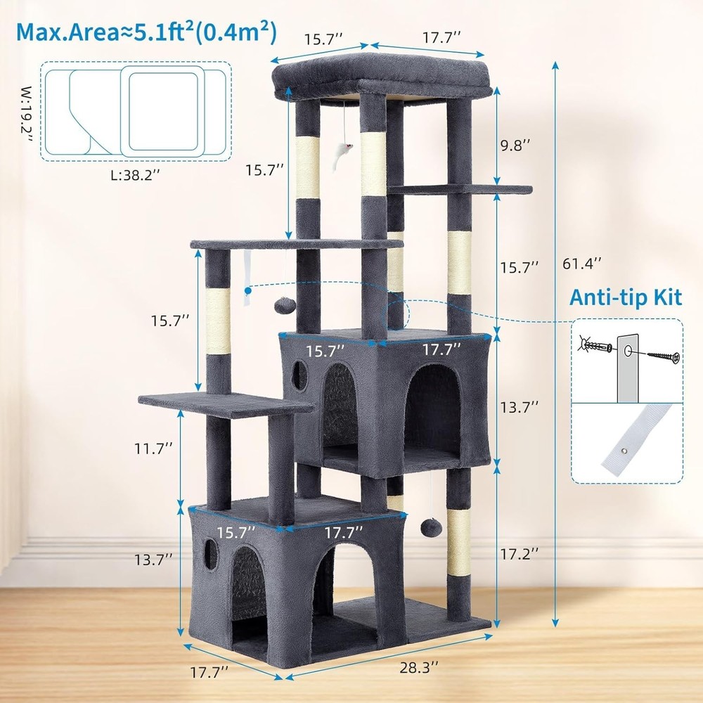 Multi-Level Cat Tree Indoor Cat Heavy-Duty Tower with Oversized Perch Dual Condo