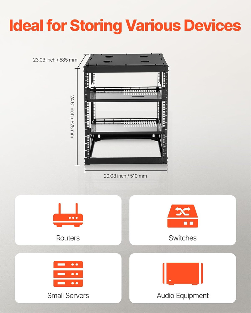12U Server Rack, Open Frame Network Rack for IT & AV Gear, Floor Standing or Wal