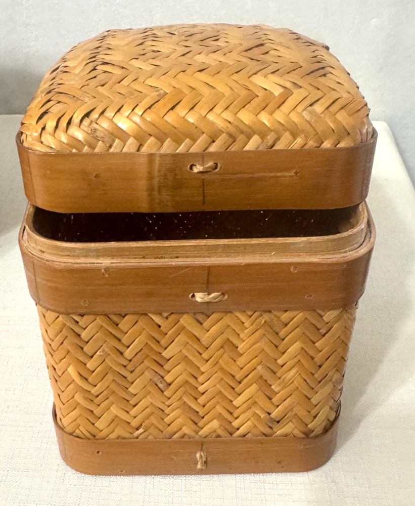 Handwoven Lidded Basket Bamboo Storage Box Boho Decor Rustic Woven