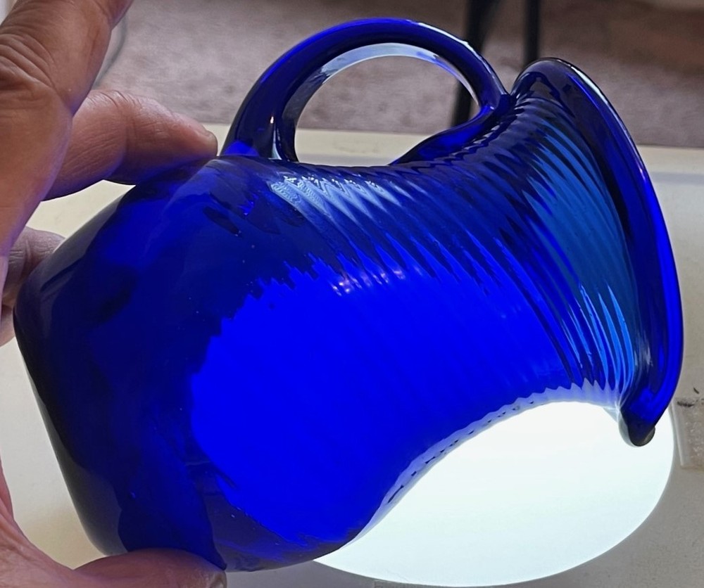 Early deep blue blown swirl ribbed pitcher