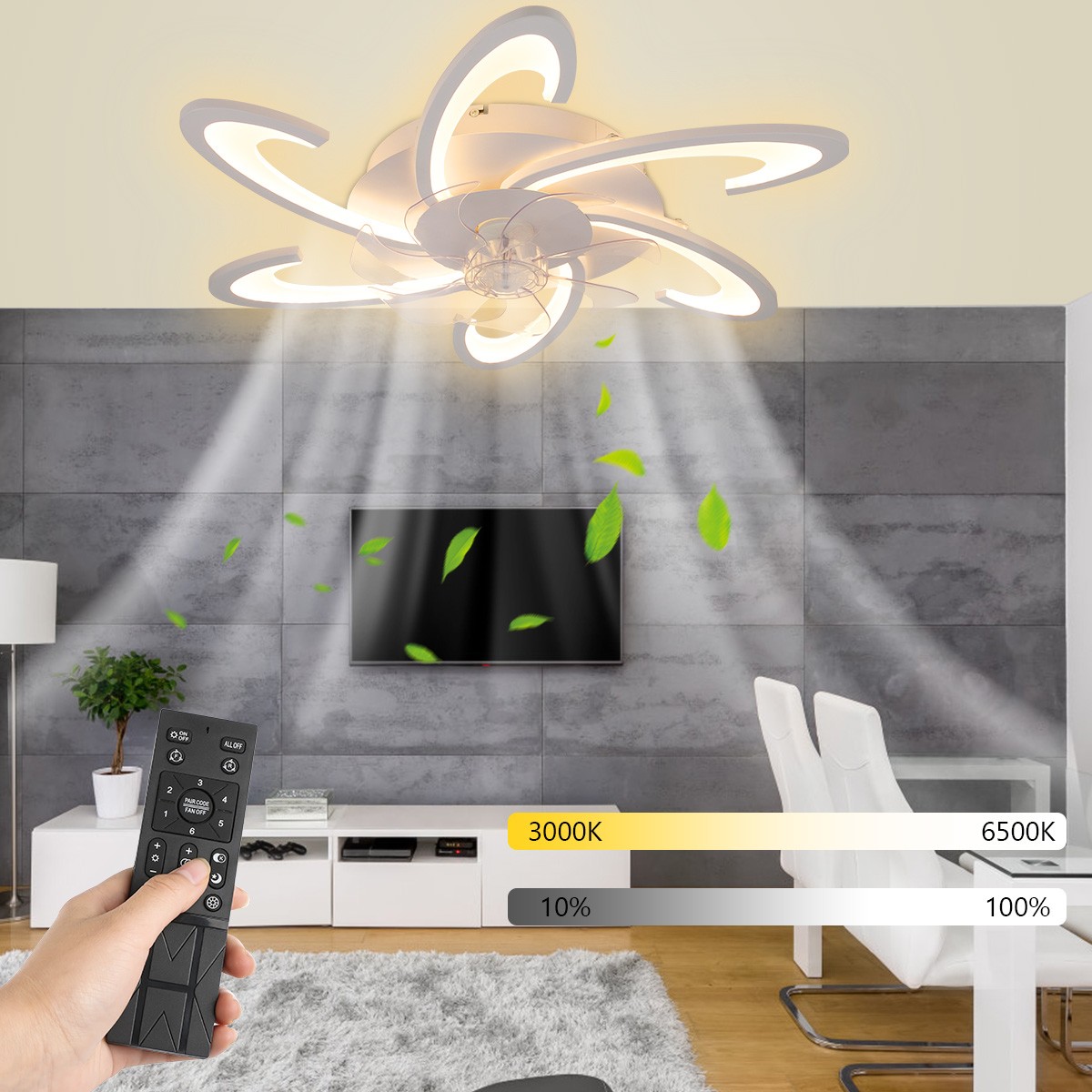 Control,Geometric Colors Fan Speeds& Bladeless,White Bedroom Remote 6 Ceiling 3