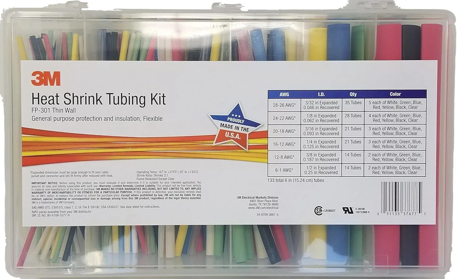 3M 7000031588 Heat Shrink Tubing FP-301 Color Assortment Kit. Made in USA