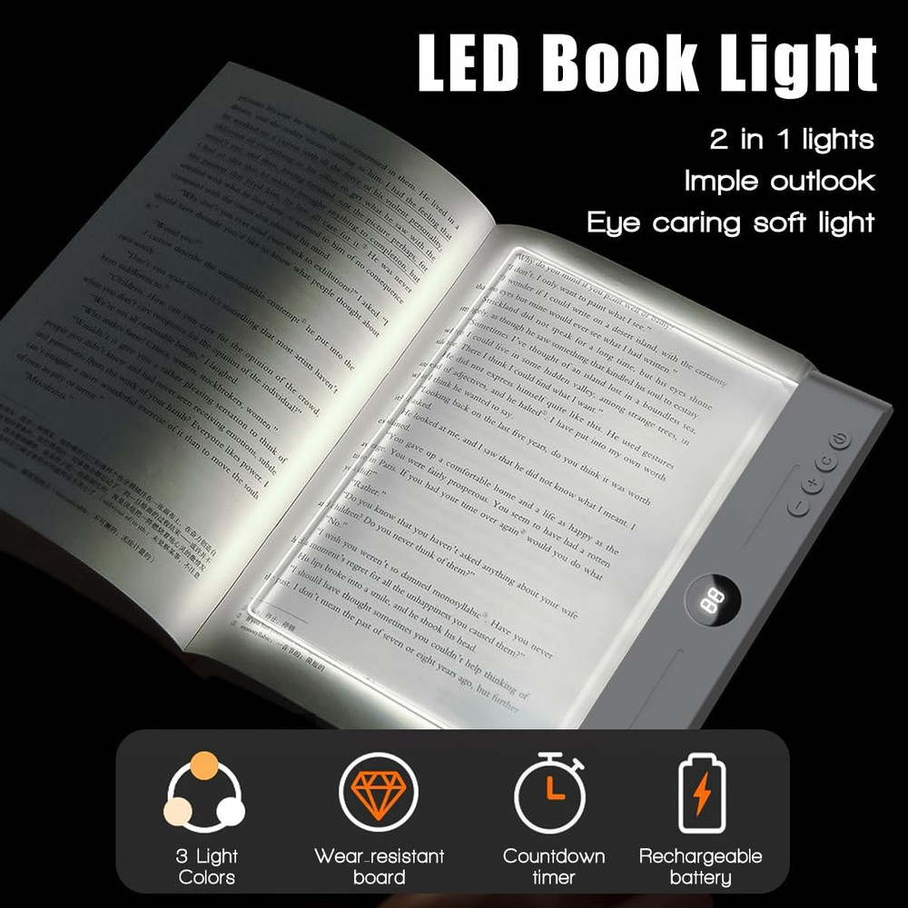 Upgraded Flat Book Light with Timer, Dimmable Panel & 3 Color Options