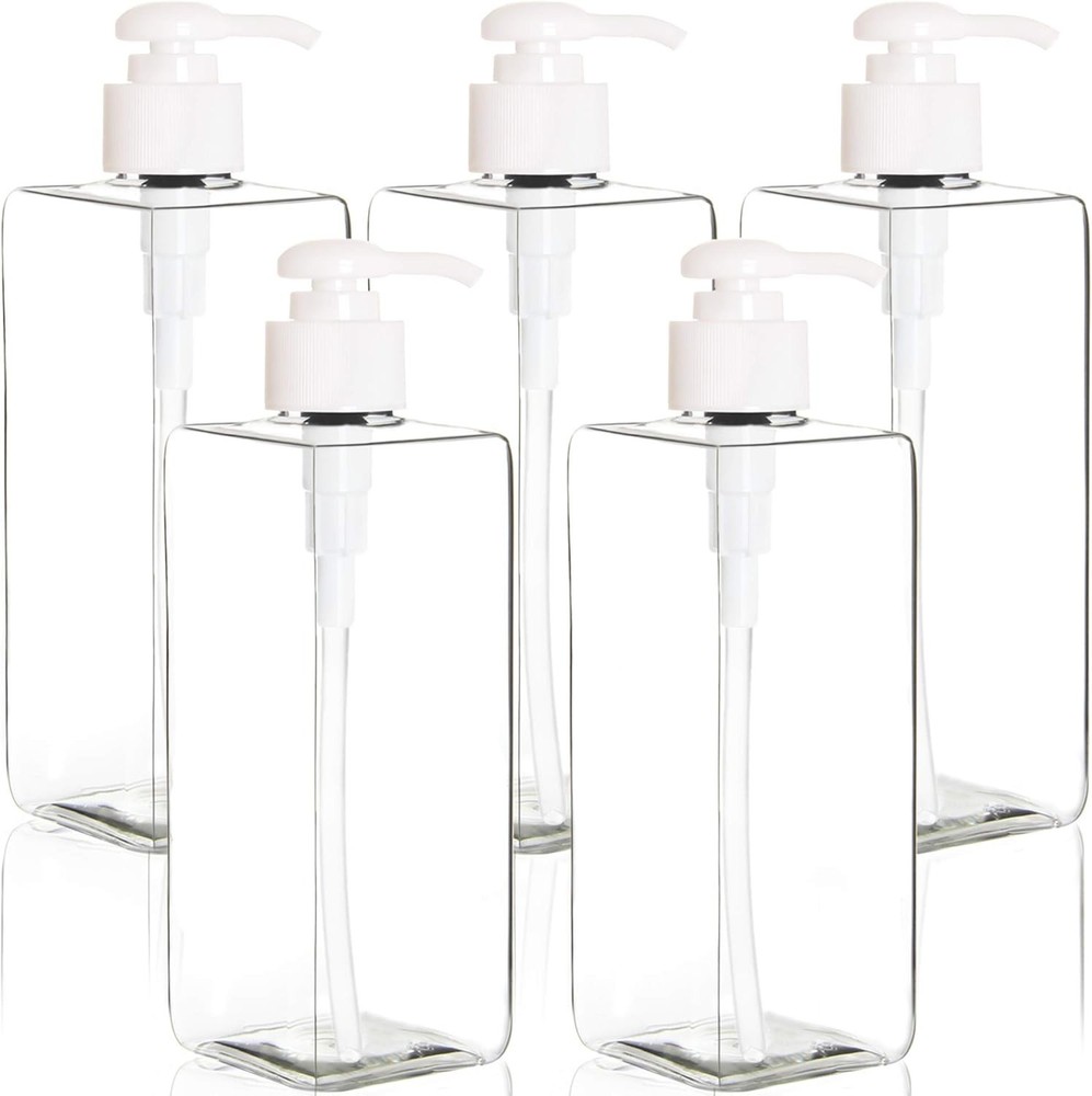 5 Pack 16 Ounce Plastic Pump Bottles, Refillable Square Plastic Pump Bottles ...