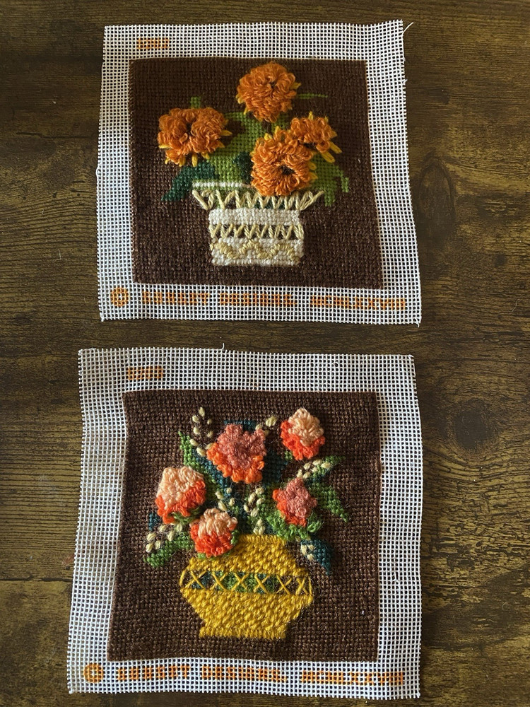 Two Finished Needlepoint BASKETS Sunset Designs  1978 VTG  5" X 5"
