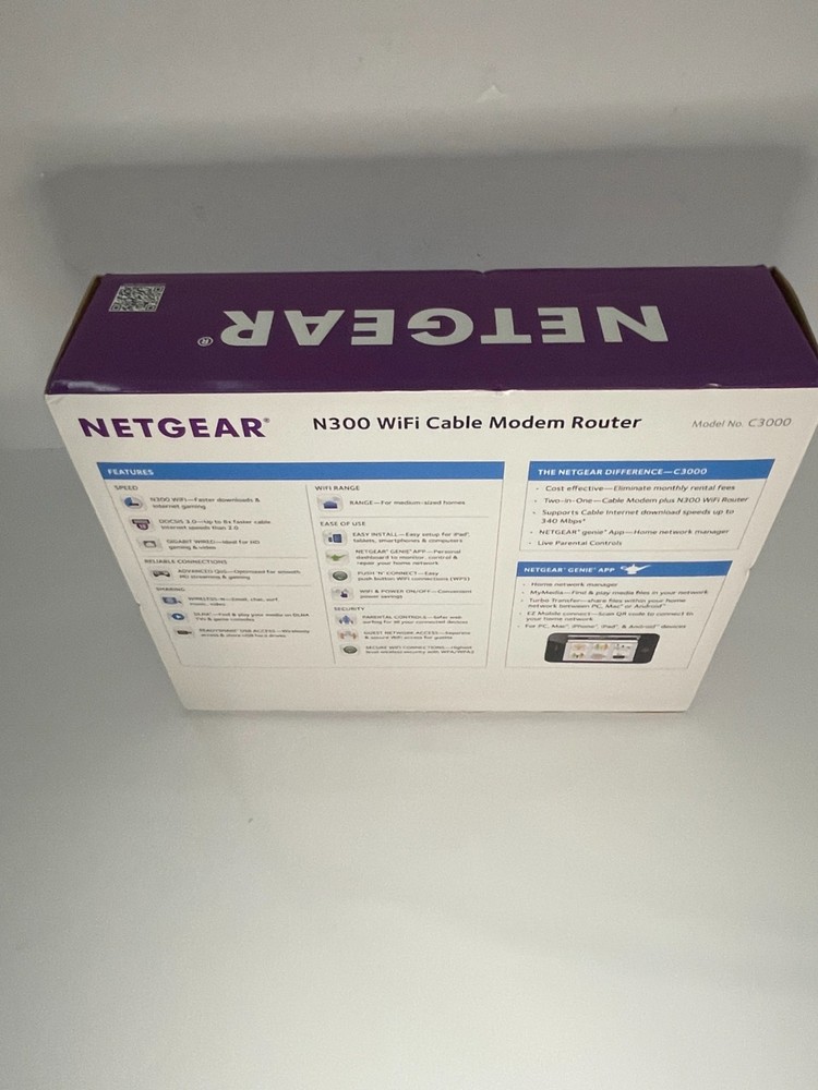 NETGEAR C3000 N300 Cable Modem Router DOCSIS 3 Open Box Xfinity