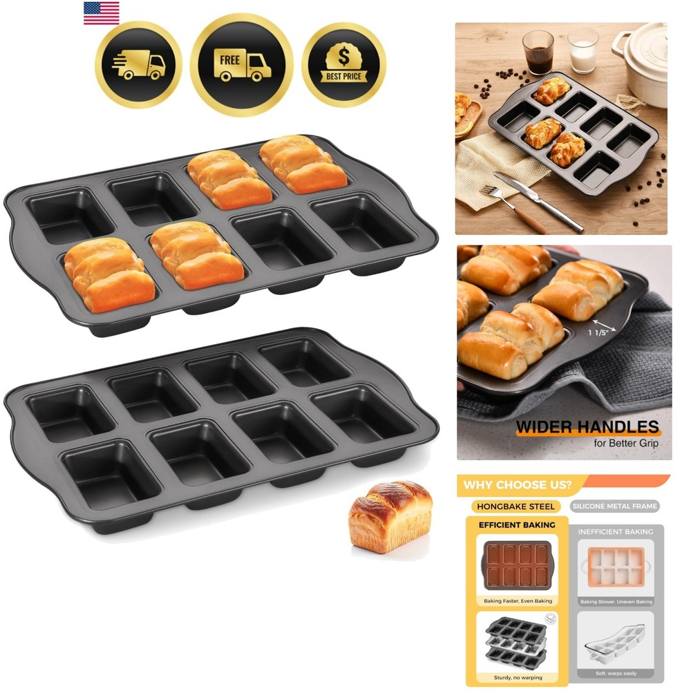 2 Pack Mini Loaf Baking Pans 8-Cavity, Nonstick Small Cornbread Pan, Tiny Ban...