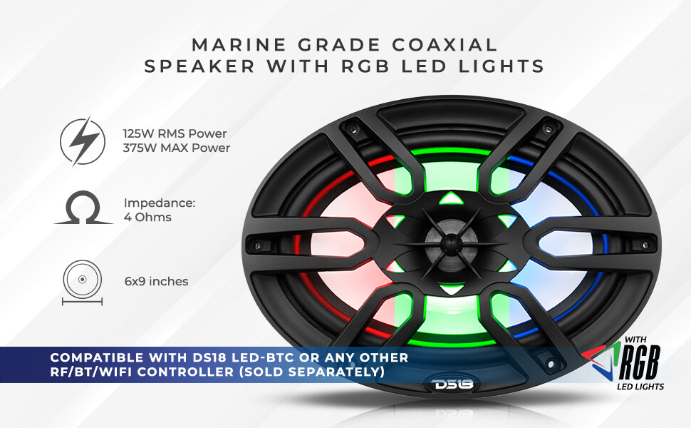 DS18 NXL-69/BK HYDRO 6X9" 2-Way Marine Speakers with RGB 375W Max 4-Ohm
