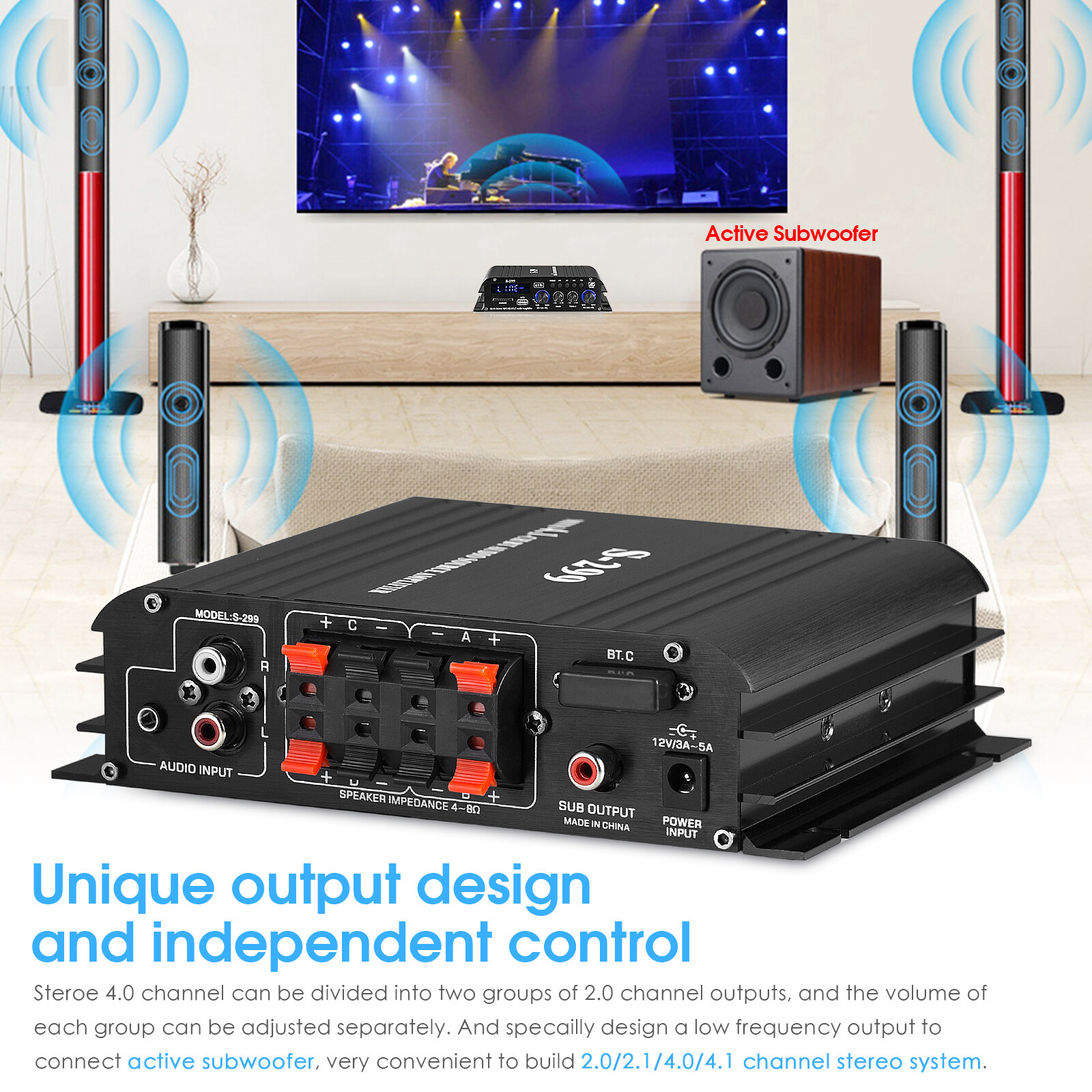 S299 4 Channel Bluetooth Digital Amplifier for Home/Car Speaker Audio Power Amp