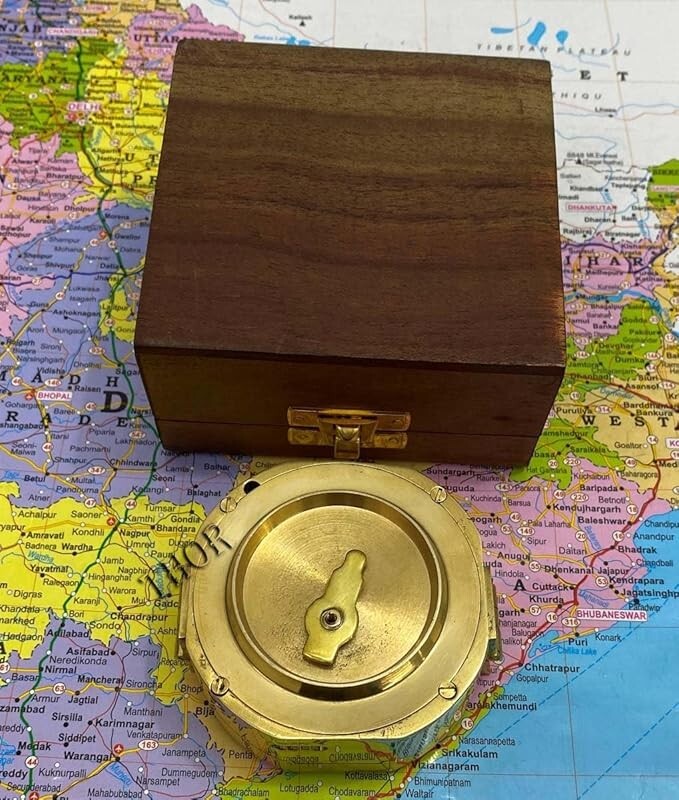 Brass Compass Antique Looking Engraved Designer with Leather case Working Brass