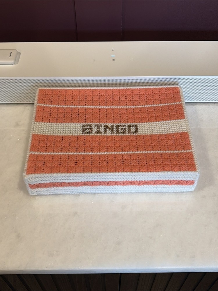 Hand Made Needlepoint Stitched Bingo Storage Container Box Pink White