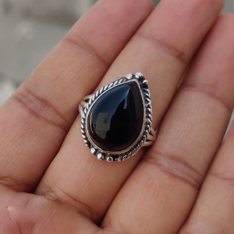 Solid 925 Sterling Silver Black Onyx Pear Gemstone Statement Handmade Women Ring