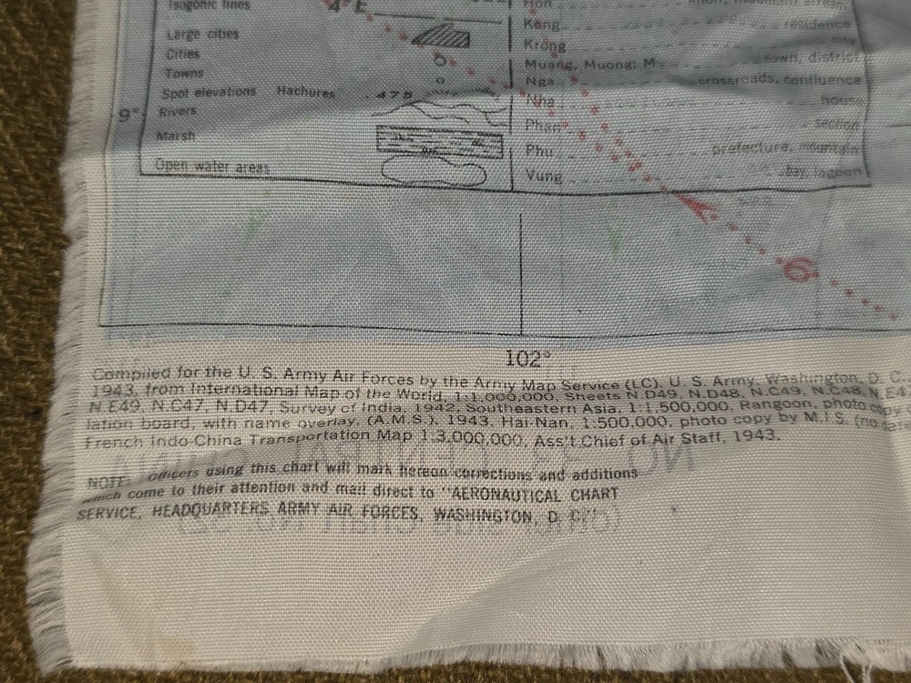 WWII USAAF Asiatic-Indo China Two Sided Cloth Map Dated 1943