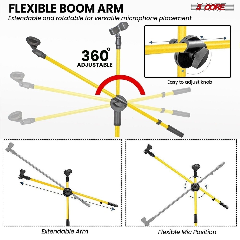 5 Core Microphone Stand Floor Height Adjustable w Extending Telescoping Boom Arm